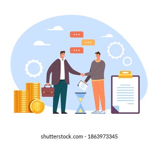 Two people man businessman office workers character shaking hands. Business deal contract agreement support cooperation management new job concept. Vector flat cartoon graphic design illustration