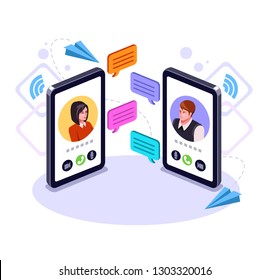 Two People Man And Woman Character Talking By Smart Phone. Online Communication Email Message Concept. Video Call Business Chat. Vector Flat Graphic Design Cartoon Isolated Illustration