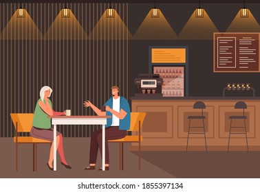 Two people man and woman character sitting cafe and drinking coffee. Vector flat cartoon graphic design illustration
