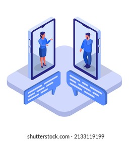 Two people man and woman character talking by smart phone. Online communication email message concept. Video call business chat. Vector flat graphic design cartoon isolated illustration