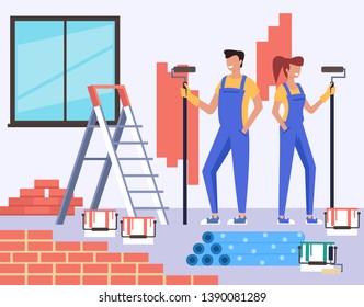 Two people man and woman characters making repair apartment renovation. Construction concept. Vector design flat graphic cartoon illustration