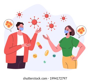 Two People Man Woman Characters Have Meeting And Talking In Protective Face Masks. Pandemic Quarantine Protective Concept. Vector Flat Cartoon Graphic Illustration