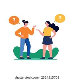 Two people, a man and a woman, are depicted in a cartoon style, standing outdoors and having a conversation. They are both gesturing with their hands and have question marks above their heads, suggest