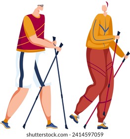 Dos personas, un hombre y una mujer, haciendo ejercicio de caminata nórdica con ropa deportiva. Ilustración vectorial de estilo de vida saludable y actividad de fitness al aire libre.