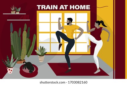 Two people, a man and a woman, are engaged in sports training at home in a room furnished with cacti and a cat lying on a couch. Home atmosphere during the quarantine period. All objects are grouped