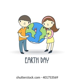 Two people, man and woman, hagging earth vector illustration. April 22 earth day poster. 