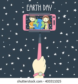 Two people, man and woman, hagging earth while taking selfie vector illustration. April 22 earth day poster. 