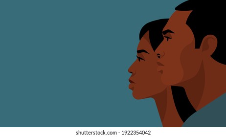 Two people - man and woman, portraits. Human faces. Couple, colleagues, like-minded people, family. Two characters and copy space. Modern vector illustration for blog, banner, cover