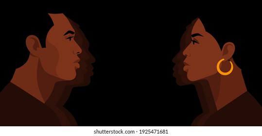 Two people - man and woman, portraits. Human faces opposite each other. Couple, colleagues, like-minded people, family. Two characters and copy space. Modern vector illustration on black background