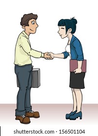 two people, man and a woman, shaking hands on a white background, vector illustration