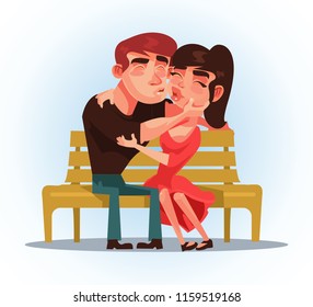 Two people man and woman sitting on bench and kissing. First date. Vector flat cartoon illustration