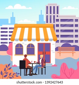 Two people man and woman sitting cafe and drinking coffee. Vector design flat graphic cartoon illustration