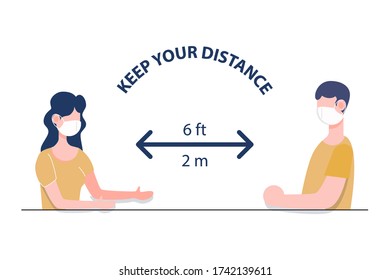 Two people man and woman wearing masks keep distance 2 m signage flat character design vector. Social distancing new normal concept.
