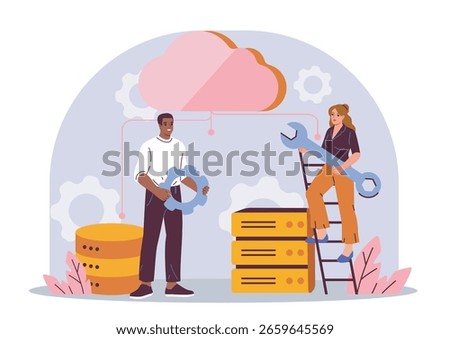 Two people managing cloud computing system with gear and wrench icons, flat cartoon style on abstract background, concept of cloud data and server maintenance. Vector illustration