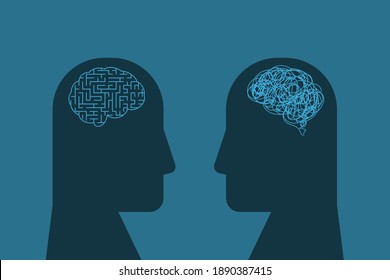 Two people with a maze mind and tangled thread of brain