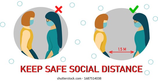 
two people in medical masks against each other. Concept the need to keep safe social distance during coronavirus pandemic. Illustartion in flat style. 
