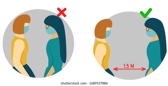 
two people in medical masks against each other. Concept the need to keep safe social distance during coronavirus pandemic. Illustartion in flat style. 