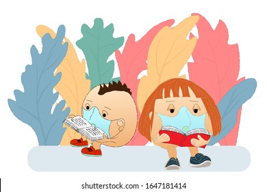 Two people in medical masks are reading a book against a background of bright tropical plants. The concept of protecting health from viral and bacterial diseases. Maintaining health during an epidemic