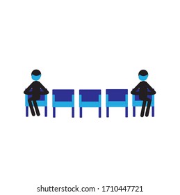 Two people in medical masks sit at a distance from each other on a row of chairs the Concept of social distance Prevention of infection with the coronavirus covid-19