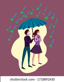 Two people in medical masks under umbrella and corona virus rain around. Concept for protection from  covid-19 pandemic. Vector man and woman drawing