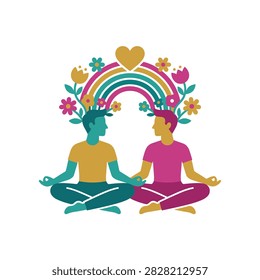 Two people meditating peacefully beneath a vibrant floral rainbow arch