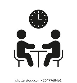 Two People Meeting With Clock Solid Icon. Business Meeting, Appointment Scheduling, And Time Management Silhouette Symbol. Professional Interaction. Isolated Vector Illustration.