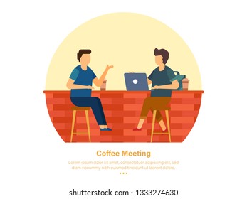 Two People Meeting with a Coffee on Desk. Coffee Meeting Concept. 3d Isometric Vector Illustration.