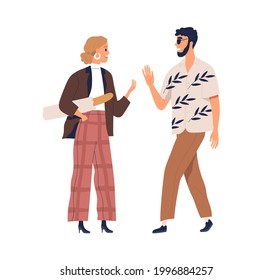 Two people meeting, greeting each other, saying and gesturing hi. Modern trendy man and woman at chance encounter. Colored flat graphic vector illustration of friends isolated on white background