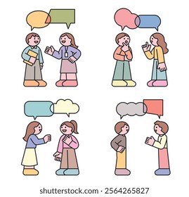 Two people are meeting and talking. There are speech bubbles above their heads. Cuttiny character with outline.