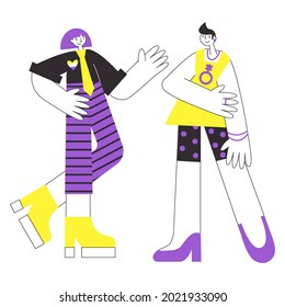 Two people with minority symbols in colours of nonbinary flag talking. Gender queer and non-binary concept flat vector illustration.