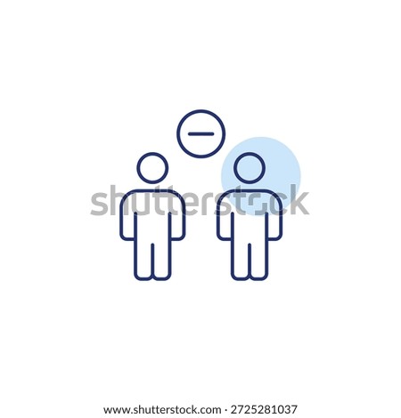 Two people and minus. Team reduced, member deleted. Connection ended. Pixel perfect, editable stroke vector icon