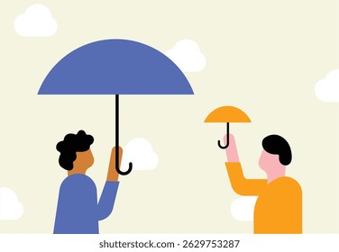Zwei Personen mit Missverhältnis Regenschirm, andere Wahl und falsche Entscheidungsfindung Illustration