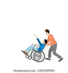 Two people in motion, one of them in a wheelchair, isolate on white, flat vector