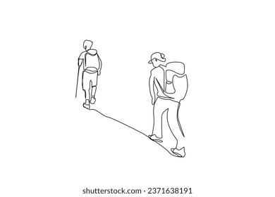 two people mountain trekking hiking walking up the hill back rear behind view lifestyle line art design