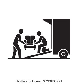 Two people moving a sofa with a dolly a simple black and white illustration