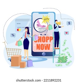 two people, namely a woman and a man, are doing online shopping using their mobile phones through marketpalce. online shopping. carry a trolley. payment. Special promotion. flat illustration design.