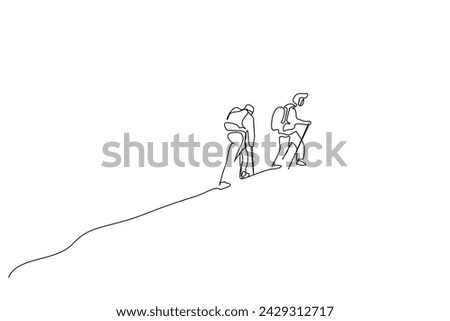 two people nature backpack hill mountain hiking climb walking lifestyle one line art design
