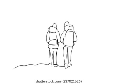 two people nature backpack walking hike trekking far away back rear behind lifestyle line art design