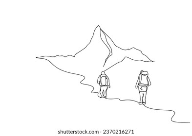 two people nature backpack walking hike trekking far away back rear behind lifestyle line art design