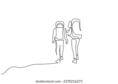 two people nature backpack walking hike trekking far away back rear behind lifestyle line art design
