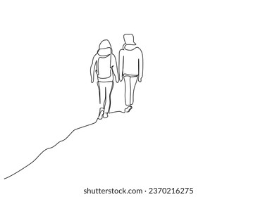 two people nature backpack walking hike trekking far away back rear behind lifestyle line art design