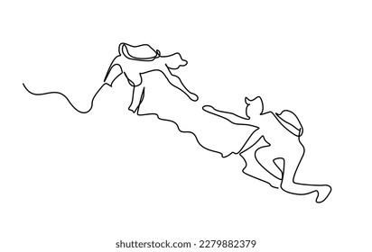 two people nature climb help sport team teamwork support line art