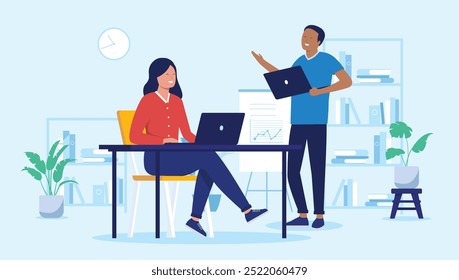 Two people in office working and smiling - Man and woman talking and having fun at work using laptop computers with positive attitude. Flat design vector illustration