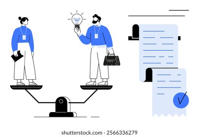 Two people on a balance scale exchange ideas and hold documents. Ideal for themes of teamwork, balance, idea sharing, professional comparison, and document verification. Modern minimalist style