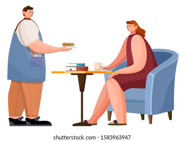 Two people on date in cafe on lunch. Man bring sandwich and woman drinking hot coffee or tea. Armchair and single leg table with books on it. Cozy place for relax in cafeteria. Vector illustration