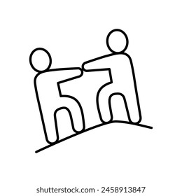 Dos personas en el icono de contorno del pico de la montaña. Trabajo en equipo, asociación, concepto de logro. Trazo editable. Ilustración vectorial aislada