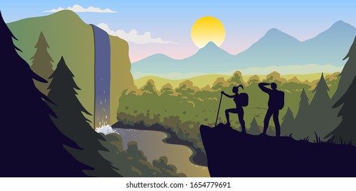 Two people on a rocky hill watching the scenery after hiking. Waterfall under sunset.