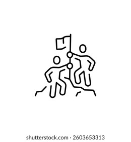 Two people on top with a flag linear icon. Teamwork line customizable illustration. Contour symbol. Vector isolated outline drawing. Editable stroke