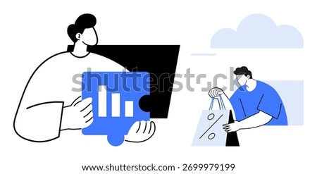 Two people, one analyzing bar charts on a puzzle piece, another holding shopping bags with a discount sign. Ideal for business analytics, e-commerce, sales, marketing, teamwork, data presentation