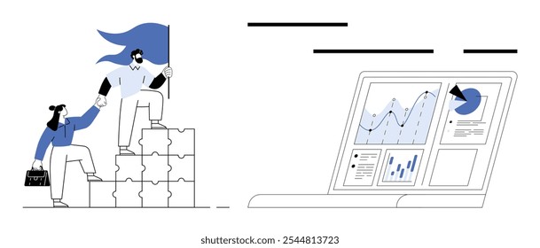 Duas pessoas, uma ajudando a outra a subir blocos de peças de quebra-cabeça, simbólicos de trabalho em equipe e liderança. À direita, um laptop exibindo gráficos e tabelas, representando a análise de dados. Ideal para trabalho em equipe